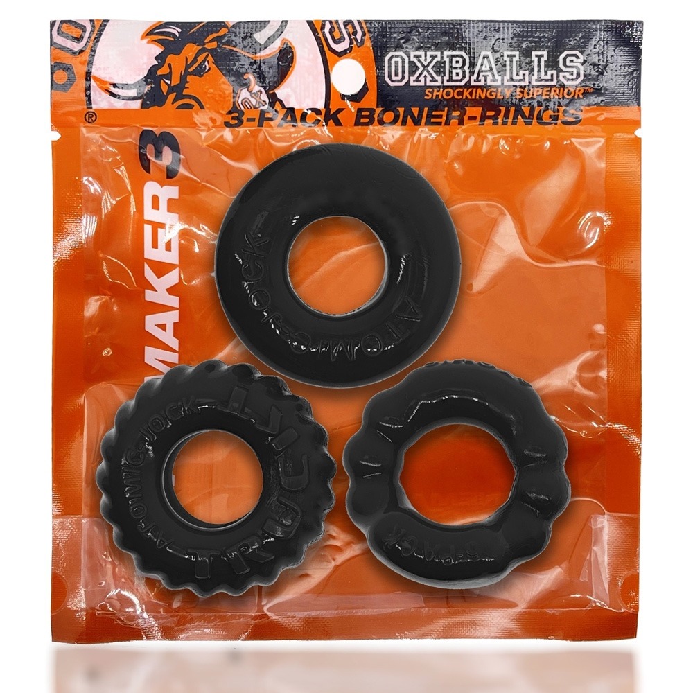 Oxballs Bonemaker three-pack cock ring kit, showing three stretchy silicone rings in graduated sizes