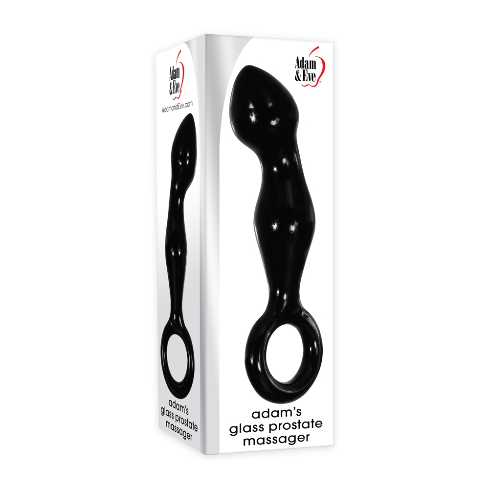 Adam's Glass Prostate Massager in packaging, showing the curved black glass shaft and ring-shaped retrieval handle