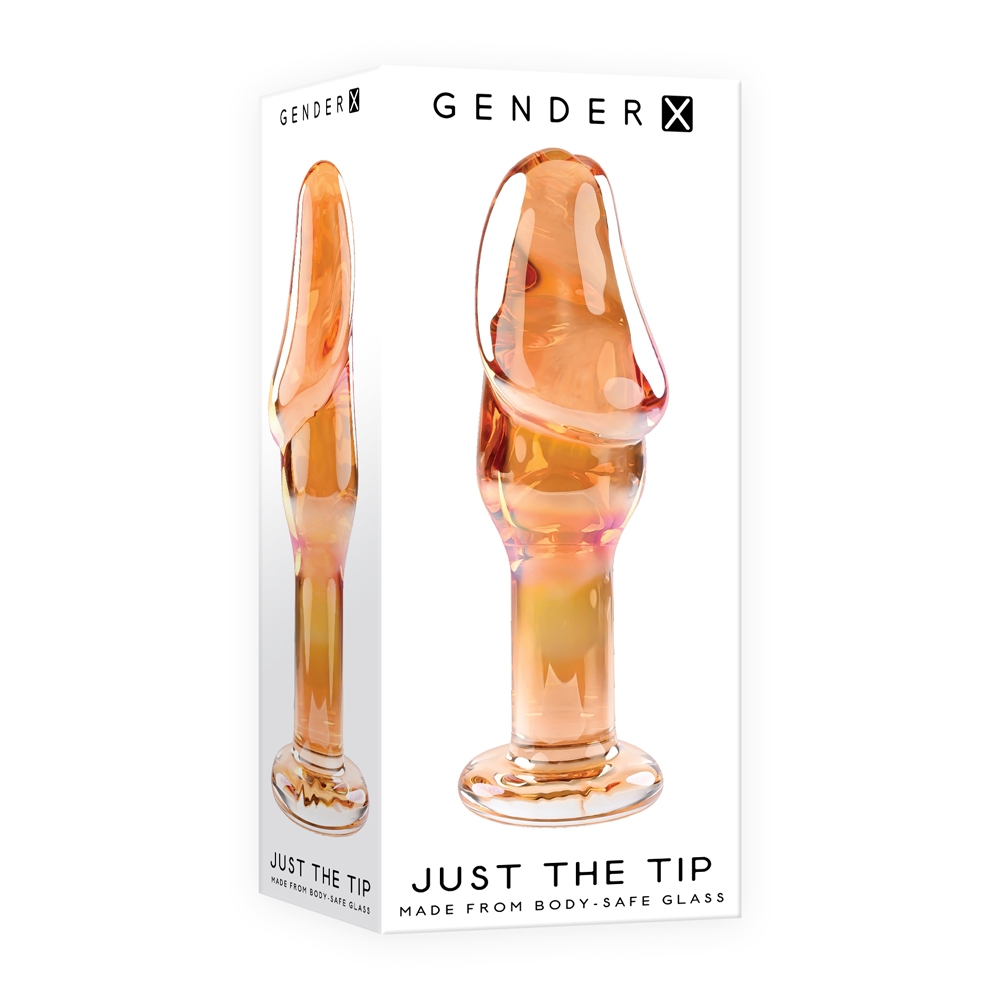 Gender X Just The Tip iridescent glass plug in its retail box, showing the crowned head, slim shaft and flared base