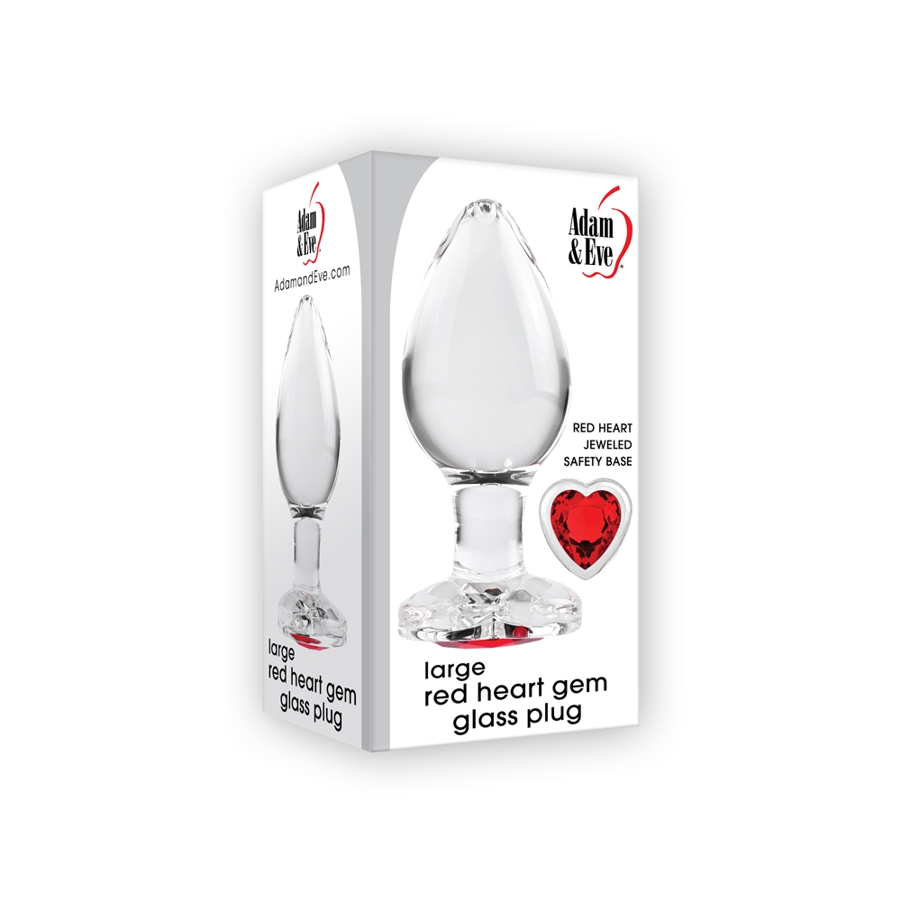 Adam and Eve large red heart gem glass anal plug in packaging, showing the teardrop body and red heart-shaped jewelled safety base