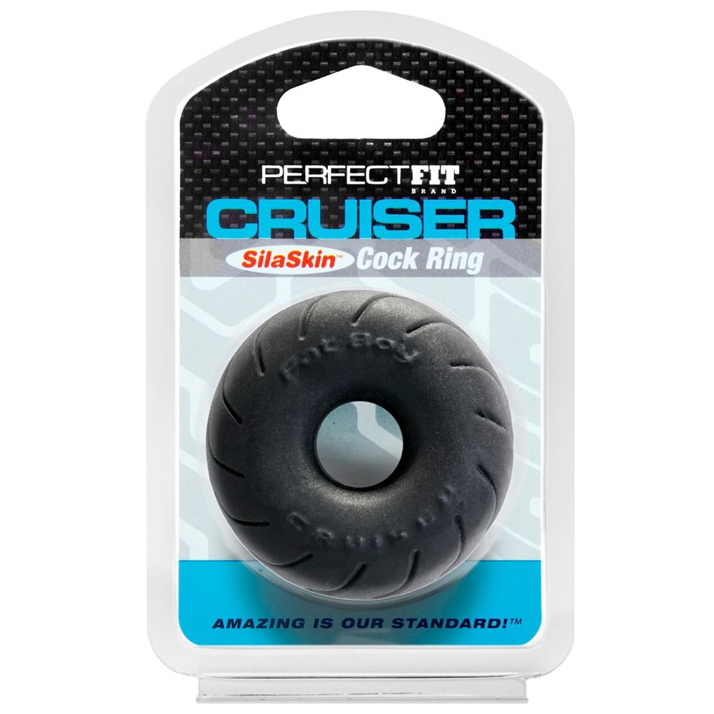 Perfect Fit SilaSkin Cruiser Cock Ring in black, a thick stretchy 2.5 inch ring
