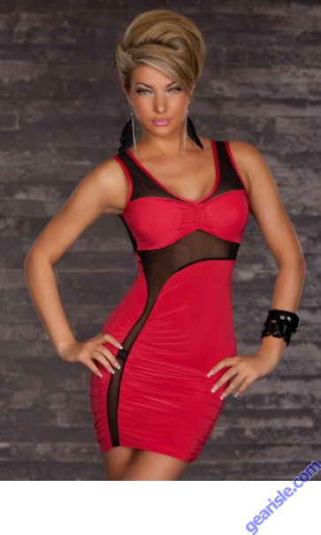 Women Club Sexy Red Cut-out Mesh Form Fitting Stretch Mini Bodycon 6444 Dress
