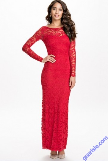 Sexy Women’s Long Sleeve Red Lace Maxi Backless Party Dress 9262 Lingerie 