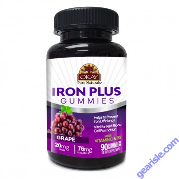 OKAY Gummies Iron Plus 90 Count Grape Flavor Vitamin C B3 bottle