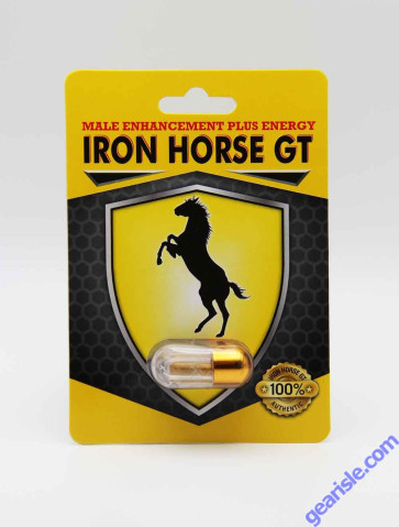 Iron Horse GT front blister card, yellow horse-shield artwork with one black and gold capsule sealed in the blister