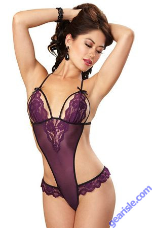 Dreamgirl 9723 Plum/Black Strappy Teddy-Black-One Size Fits Most