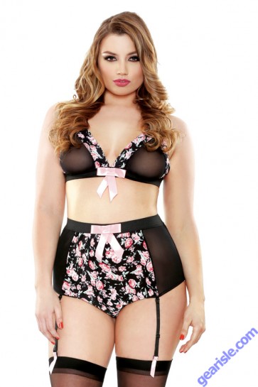 Retro High Floral Bralette High Waisted Gartered Panty Set Curve P140