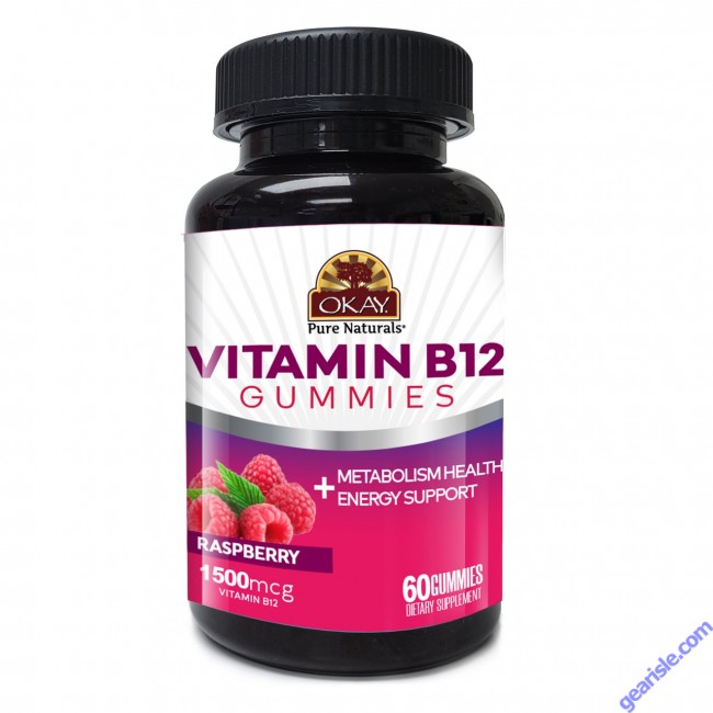 OKAY Gummies Vitamin B12 60 Count Raspberry Energy Support Supplement