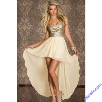 Strapless Short Front Long Back Cocktail Dresses Gold Sequined Lace Top Robe 6605