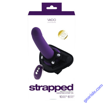 Vedo Strapped Rechargeable Vibrating Strap On Dildo Deep Purple box