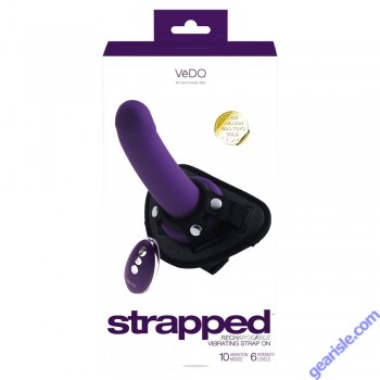 Vedo Strapped Rechargeable Vibrating Strap On Dildo Deep Purple box