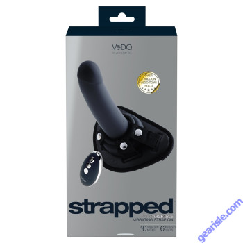 Vedo Strapped Rechargeable Vibrating Strap On Dildo Just Black box