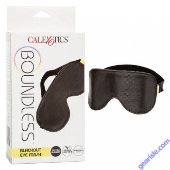 Boundless Blackout Eye Mask Vegan Leather Stretch To Fit CalExotics box