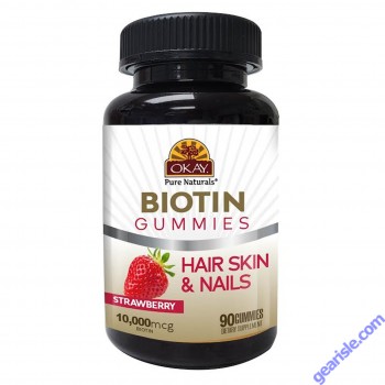 OKAY Gummies Biotin 90 Count Strawberry Flavor Hair Skin Nail Support bottle