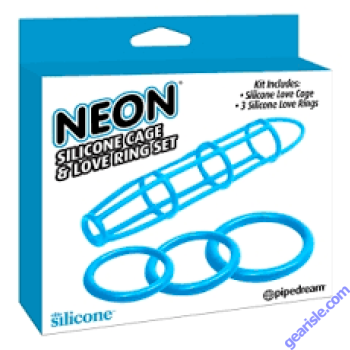 Neon Silicone Cage and Love Ring Set Blue Pipedream