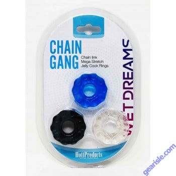 Chain Gang Erection Rings eaches. Individually wrapped cock rings in three assorted colors: Black Blue and Clear. Chain up your member in hard core style with these fun Chain link super stretch silicone love rings. Chain Link Mega Stretch Jelly Cock Rings