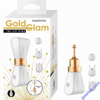 Gold Glam Tri-Tip Vibe White – Elegant 3-Point Stimulator for Intense Pleasure box display