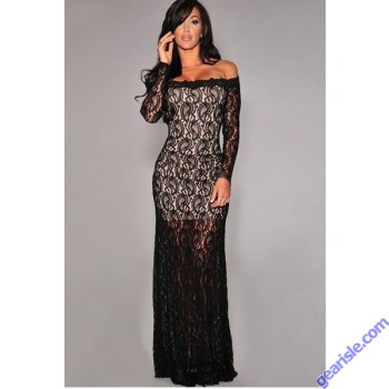 Formal Party Dresses Black Long Sleeve Lace Gown Nude Illusion Off-Shoulder 