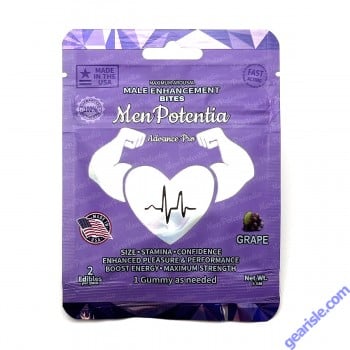 MenPotentia Advance Pro Grape Male Enhancement Gummies packaging showing halal and gelatin-free certification.