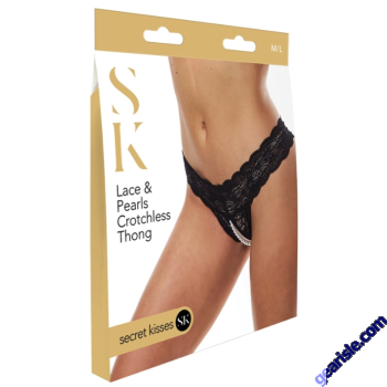 Secret Kisses Lace And Pearls Crotchless Thong Black Foreplay Panty