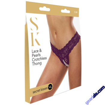 Secret Kisses Lace And Pearls Crotchless Thong Foreplay Panty Purple