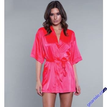 Sexy Satin Robe Hot Pink Long Sleeves Sash Front Tie BeWicked 