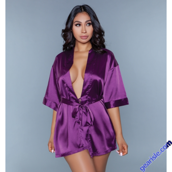 Sexy Satin Robe Hot Purple Sleeves Sash 