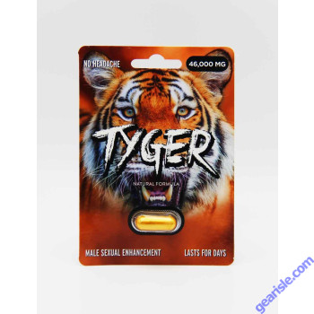Tyger 46,000 mg front blister card, tiger artwork with one capsule sealed in the blister