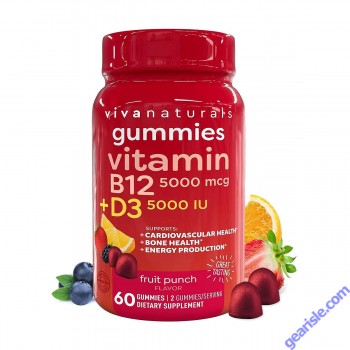 Front view of Viva Naturals Vitamin D3 B12 Gummies bottle