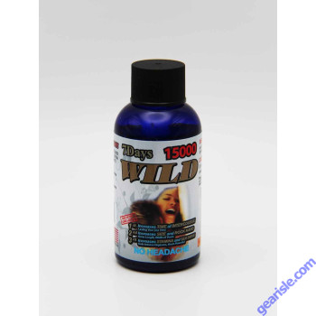 Wild Shot 15000 front label on a cobalt-blue 2 oz glass bottle with a white screw cap