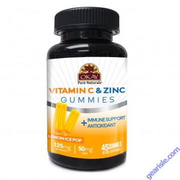 OKAY Gummies Vitamin C Zinc 45 Count Lemon Pop Flavor Antioxidant bottle