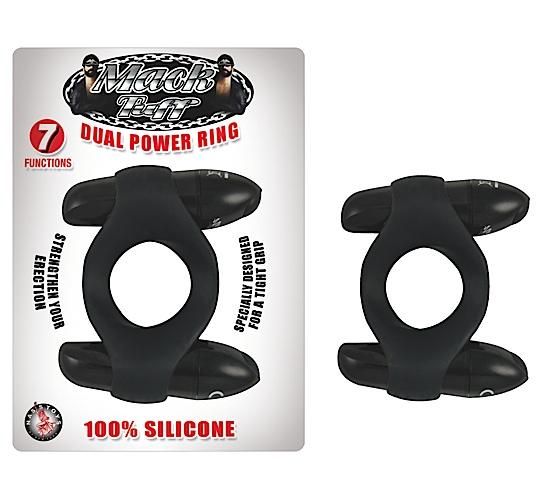 Mack Tuff Dual Power Ring, a black silicone vibrating cock ring with two removable bullets