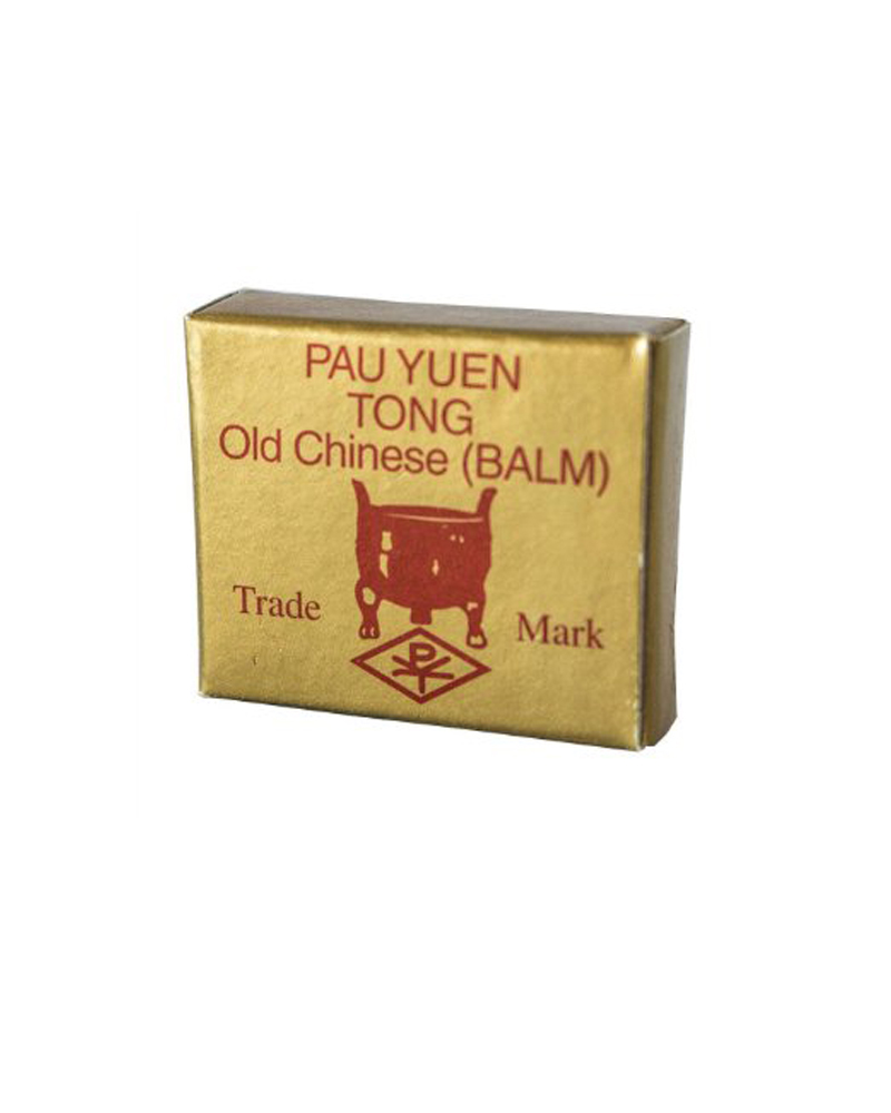 A small gold box printed PAU YUEN TONG Old Chinese BALM in red, with a ding vessel trade mark